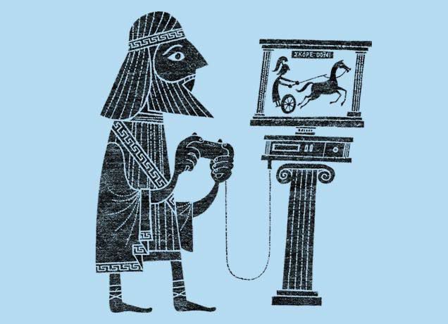 Иллюстрация древнего персонажа, управляет рычагами перед экраном с изображением коня.