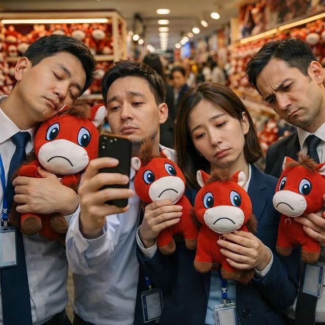 Группа людей делает селфи с красными игрушечными животными в магазине