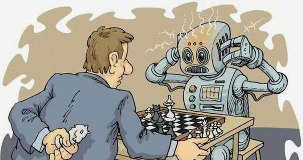 Человек играет в шахматы с роботом за столом