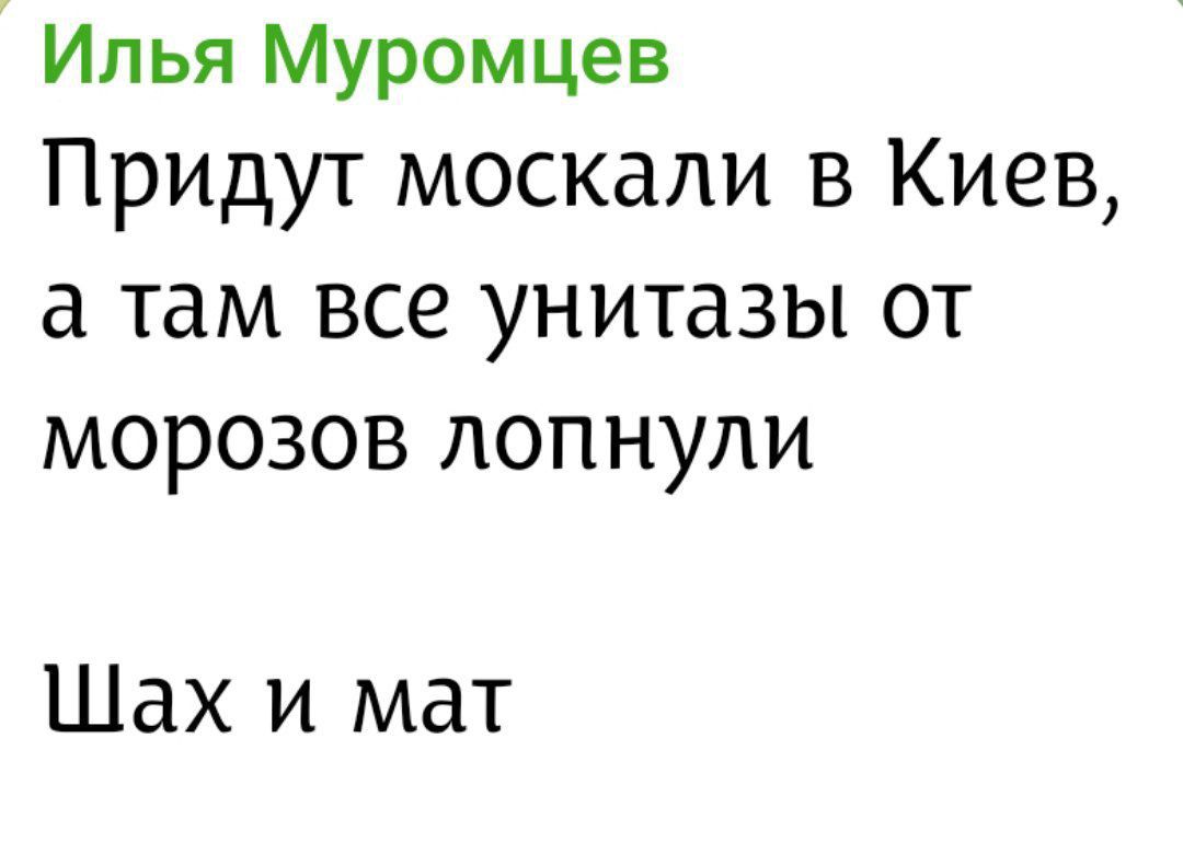 Илья Муромцев
Придут москали в Киев, а там все унитазы от морозов лопнули
Шах и мат