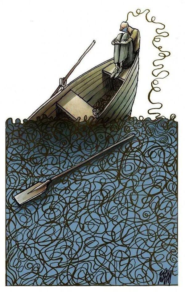 Человек в лодке, застрявший среди путаницы запутанных линий волн.