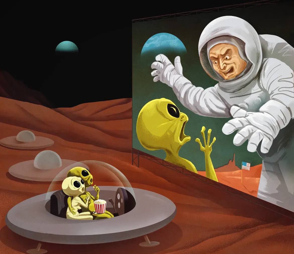 Космическая сцена: две мумкоподобные пришельцы в тарелке наблюдают за гигантской стеной с изображением астронавта на фоне марсианского ландшафта.