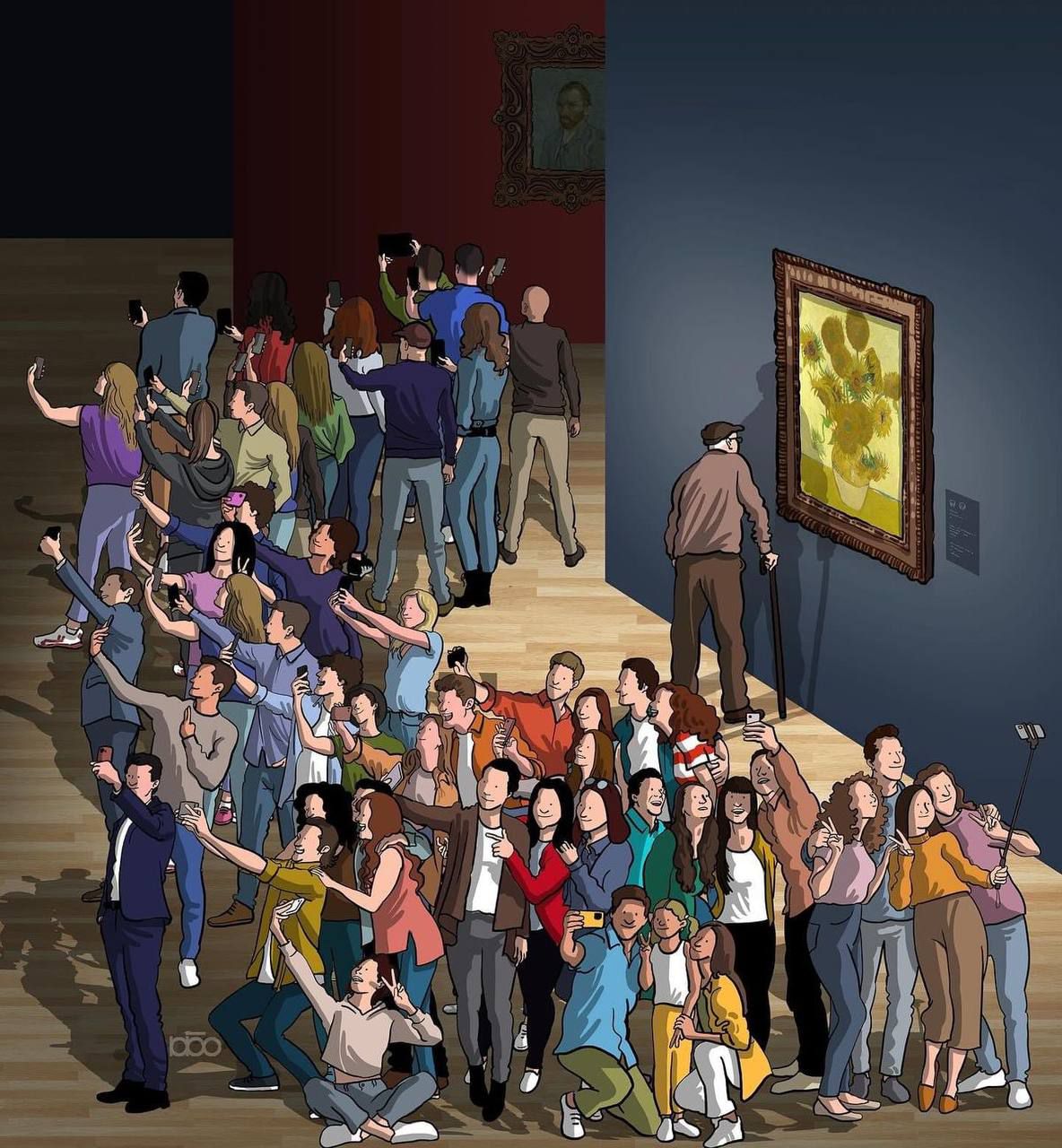 Толпа людей в музейном зале, толпа перед картиной, один мужчина смотрит на рамку.