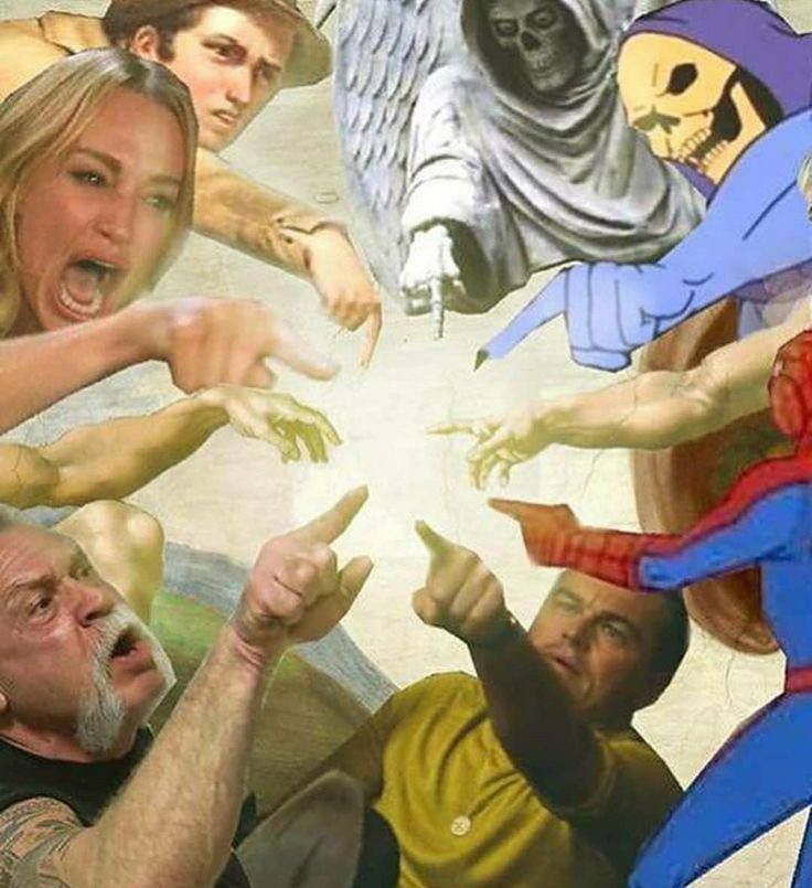 Коллаж из людей и персонажей, все тянут руку к свету