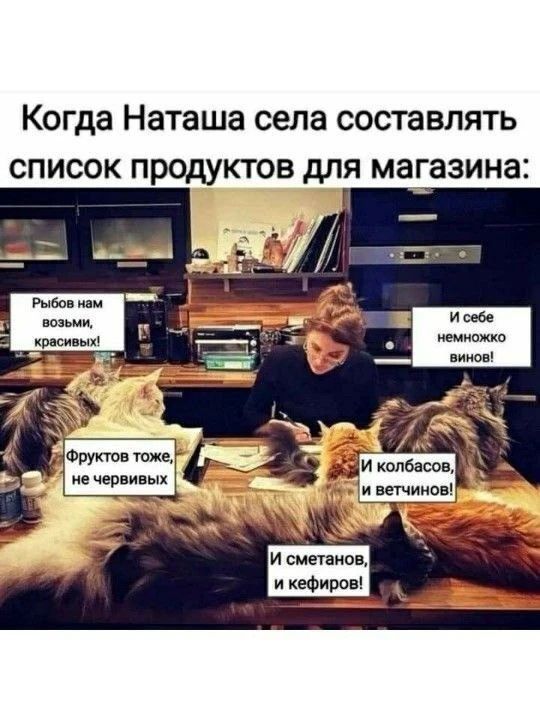 Когда Наташа села составлять список продуктов для магазина: Рыбов нам возьми, красивых! И себе немножко винов! Фрукты тоже, не червивых. И колбасов, и ветчин! И сметанов, и кефиров!