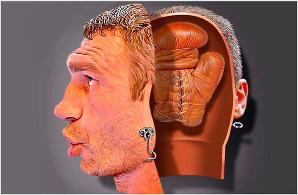 комический коллаж с головой и внутренним ухом