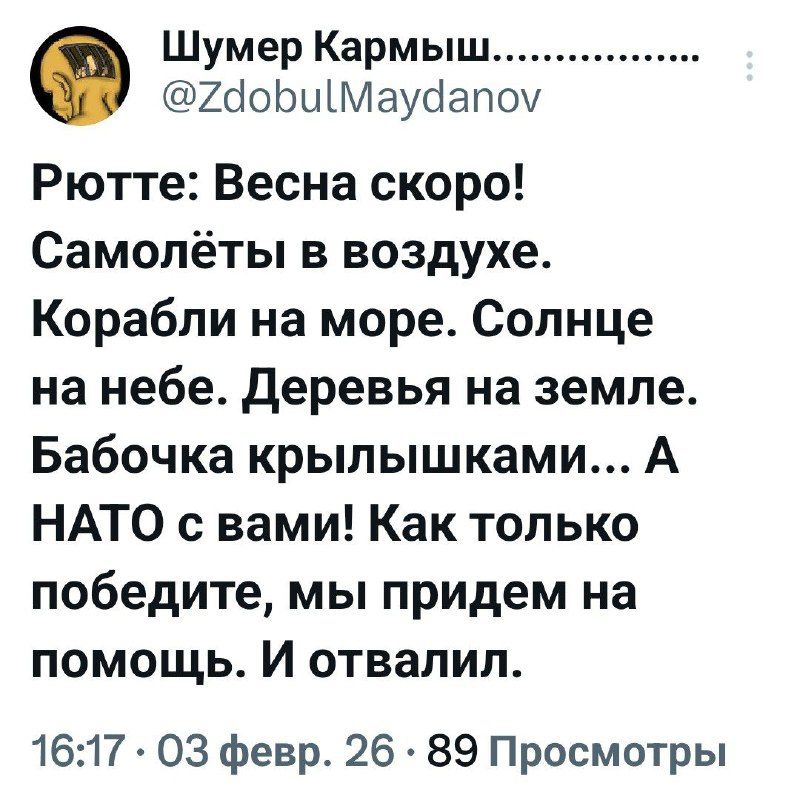 Рюотте: Весна скоро! Самолёты в воздухе. Корабли на море. Солнце на небе. Деревья на земле. Бабочка крылышками... А NATO с вами! Как только победите, мы придём на помощь. И отвалил.