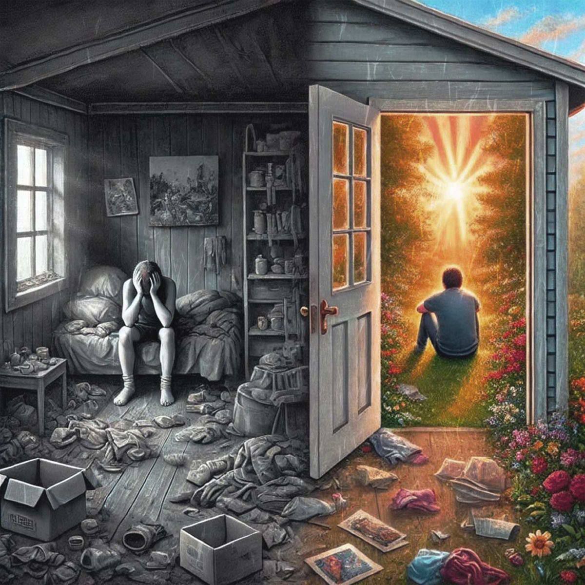 Разделённый кадр: унылая комната и выход к яркому солнечному саду; человек ищет выход
