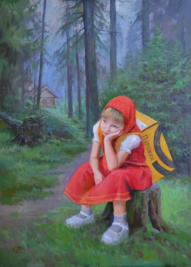 Иллюстративная сцена: девочка в красном платье сидит на пне в лесу