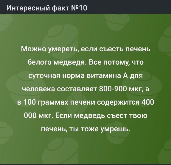 Можно умереть, если съесть печень белого медведя. Все потому, что суточная норма витамина A для человека составляет 800-900 мкг, а в 100 граммах печени содержится 400 000 мкг. Если медведь съест твою печень, ты тоже умрешь.