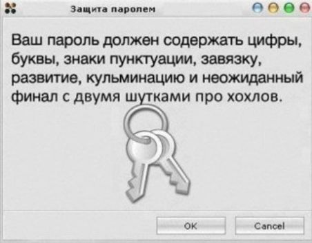 Ваш пароль должен содержать цифры, буквы, знаки пунктуации, завязку, развитие, кульминацию и неожиданный финал с двумя шутками про хохлов.