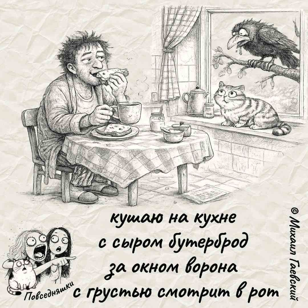 кушаю на кухне с сыром бутерброд за окном ворона с грустью смотрит в рот