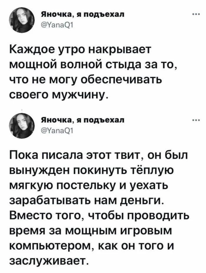 Каждое утро накрывает мощной волной стыда за то, что не могу обеспечивать своего мужа.\n\nПока писала этот твит, он был вынужден покинуть тёплую мягкую постельку и уехать зарабатывать нам деньги. Вместе того, чтобы проводить время за мощным игровым компьютером, как он того и заслуживает.