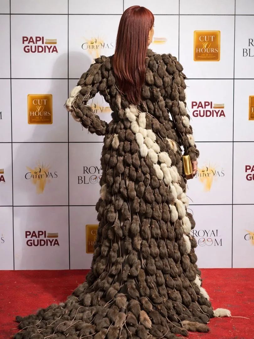 PAPI GUDIYA, CUT HOURS, ROYAL BLOOMS на фоне: дорожка модного показа. Женщина в длинном платье из пушистых элементов коричневого цвета с белыми вставками.