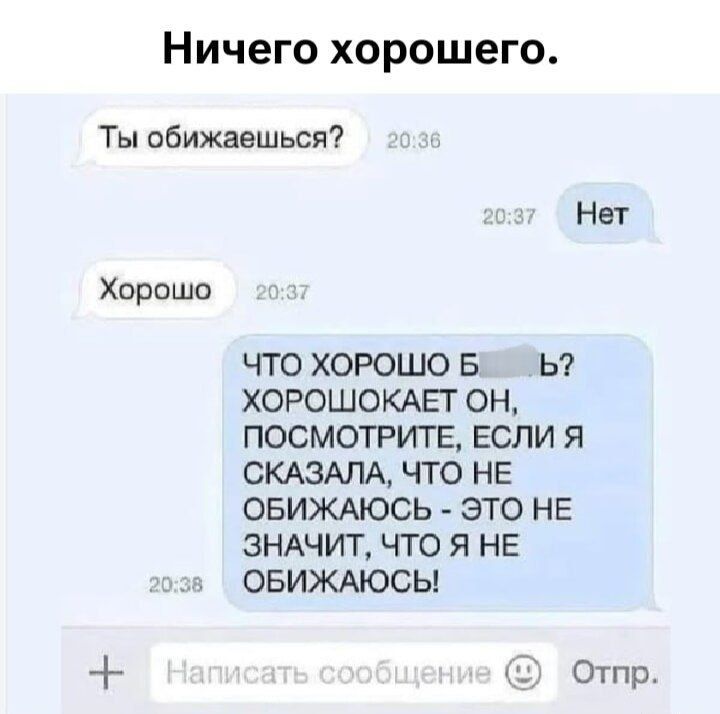 Ничего хорошего. Ты обижаешься? Нет. Хорошо. ЧТО ХОРОШО Б...Б? ПОХОЖЕ ОН, ПОСМОТРИТЕ, ЕСЛИ Я СКАЗАЛА, ЧТО НЕ ОБИЖАЮСЬ - ЭТО НЕ ЗНАЧИТ, ЧТО Я НЕ ОБИЖАЮСЬ!