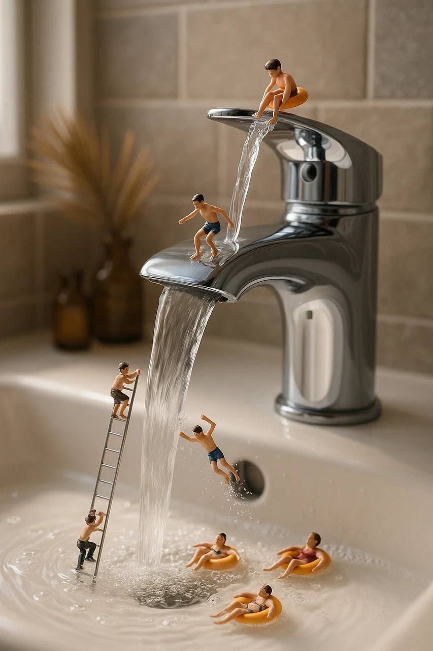 Миниатюрные фигурки на кране — люди качаются по струям воды, создавая причудливую сцену хаоса.