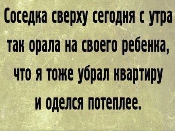 Соседка сверху сегодня с утра так ордала на своего ребенка, что я тоже убрал квартиру и оделся потеплее.
