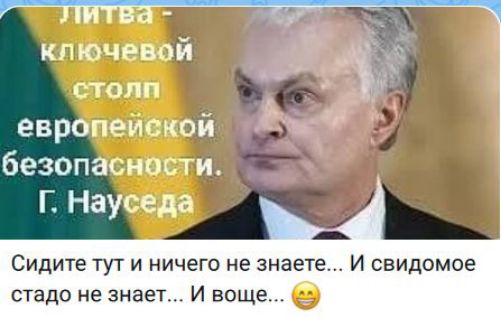 Литва - ключевой столп европейской безопасности. Г. Науседа
Сидите тут и ничего не знаете... И свидомое стадо не знает... И выше... 😬