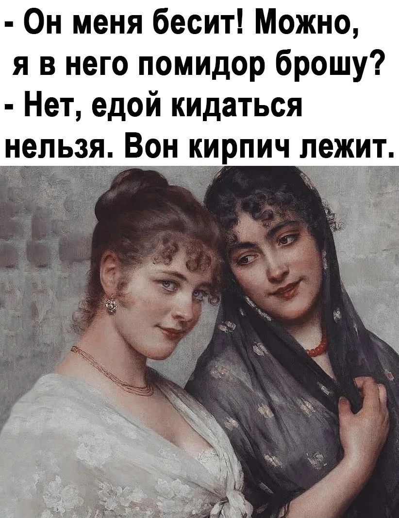 - Он меня бесит! Можно, я в него помидор брошу? - Нет, едой кидаться нельзя. Он кирпич лежит.