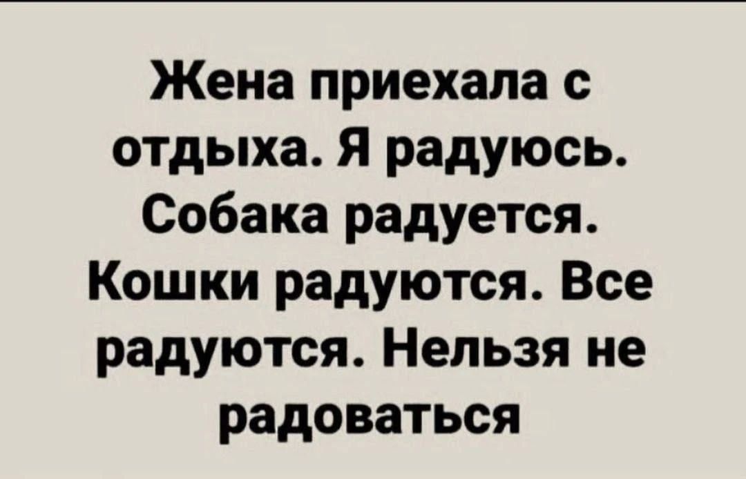 Жена приехала с отдыха. Я радуюсь. Собака радуется. Кошки радуются. Все радуются. Нельзя не радоваться