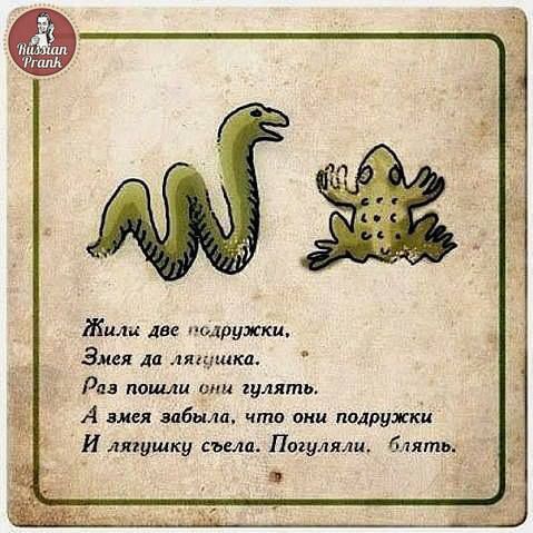 Жили две подружки, Змея да лягушка. Раз пошли они гулять. А змея забыла, что они подружки И лягушку съела. Погуляли, блять.