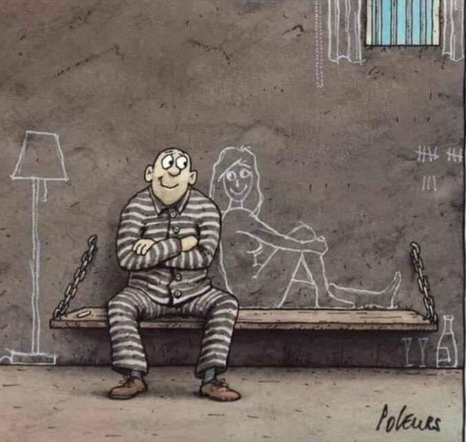 Карикатура: мужчина в тюремной пижаме сидит на качелях, за ним призрак женщины.