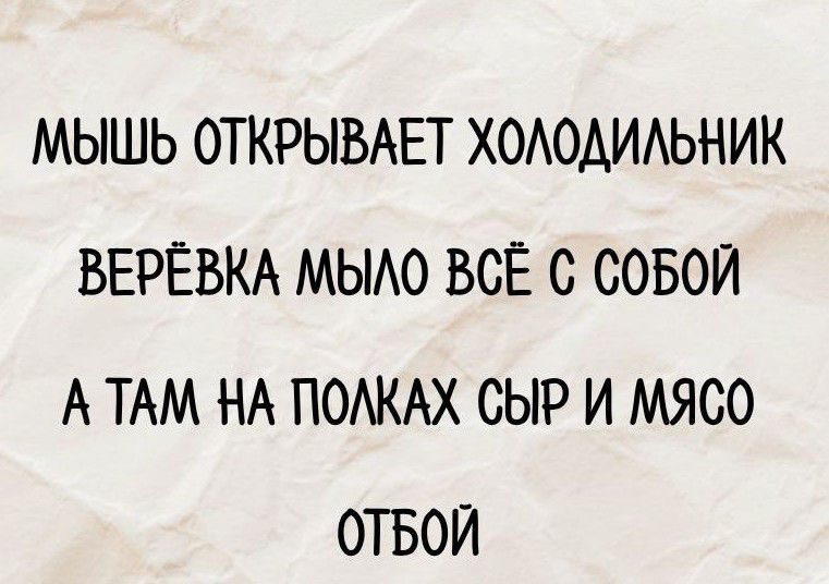 МЫШЬ ОТКРЫВАЕТ ХОЛОДИЛЬНИК
ВЕРЁВКА МЫЛО ВСЁ С СОБОЙ
А ТАМ НА ПОЛКАХ СЫР И МЯСО
ОТБОЙ