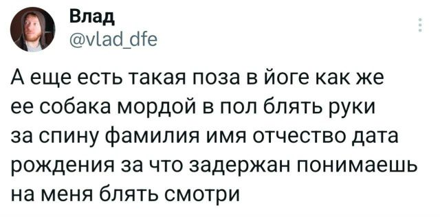 А еще есть такая поза в йоге как же еe собака мордой в пол блять руки за спину фамилии имя отчество дата рождения за что задержан понимаешь на меня блять смотри