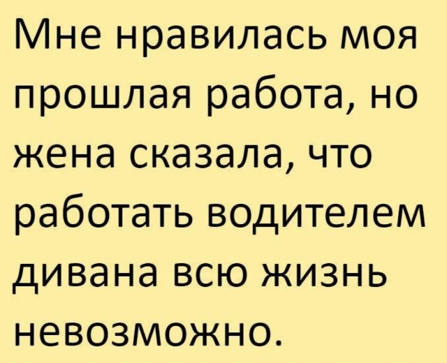 Мне нравилась моя прошлая работа, но жена сказала, что работать водителем дивана всю жизнь невозможно.