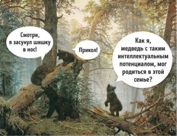 Смотри, я засунул шишку в нос! 
Прикол! 
Как я, медведь с таким интеллектуальным потенциалом, мог родиться в этой семье?