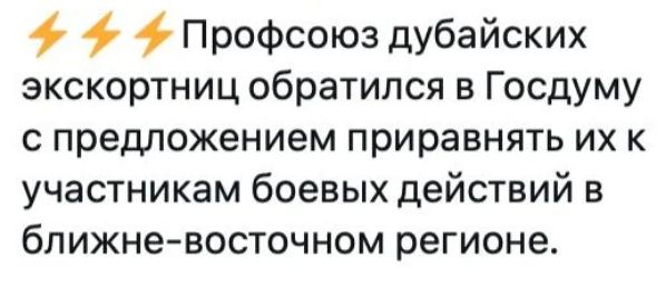 ⚡⚡⚡ Профсоюз дубайских экскортниц обратился в Госдуму с предложением приравнять их к участникам боевых действий в ближне-восточном регионе.