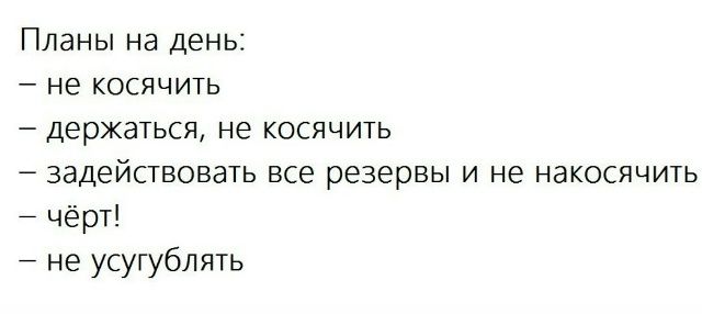 Планы на день:
– не косячить
– держаться, не косячить
– задействовать все резервы и не косячить
– чёрт!
– не усугублять