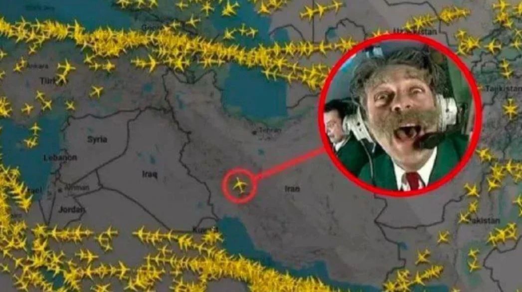 Карта с множеством жёлтых стрелок вокруг и вырезанный круглый кадр с лицом человека на правом краю.