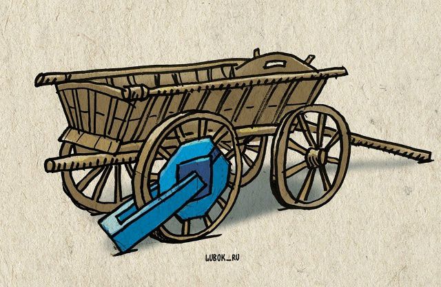 Иллюстративная деревянная телега на колесах с металлическим элементом и лопаткой.