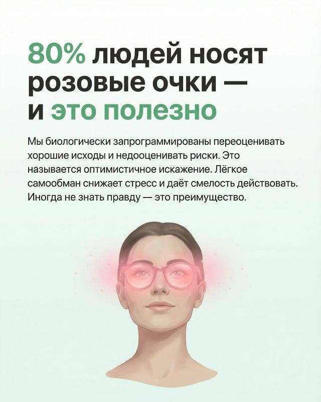 80% людей носят розовые очки — и это полезно. Мы биологически запрограммированы перерасматривать хорошие исходы и недооценивать риски. Это называется оптимистическое искажение. Лёгкое самообман снижает стресс и даёт смелость действовать. Иногда не знать правду — это преимущество.