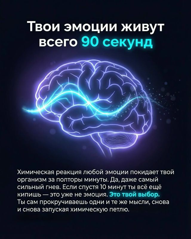 Твои эмоции живут всего 90 секунд. Химическая реакция любой эмоции покидает твой организм за полторы минуты. Да, даже самый сильный гнев. Если спустя 10 минут ты всё ещё кипишь — это уже не эмоция. Это твой выбор. Ты сам прокручиваешь одни и те же мысли, снова запуская химическую петлю.