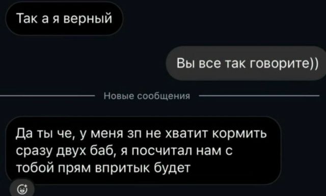 Так а я верный
Вы все так говорите))
Да ты че, у меня зп не хватит кормить сразу двух баб, я посчитал нам с тобой прям впритык будет
