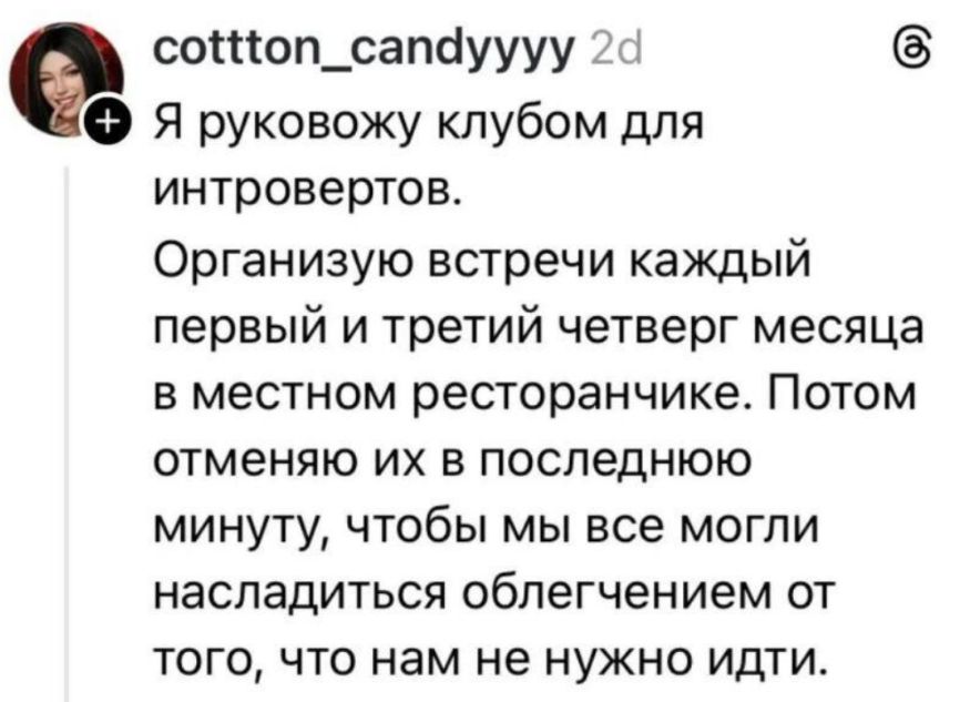 Я руковожу клубом для интровертов. Организую встречи каждый первый и третий четверг месяца в местном рестораночке. Потом отменяю их в последнюю минуту, чтобы мы все могли насладиться облегчением от того, что нам не нужно идти.