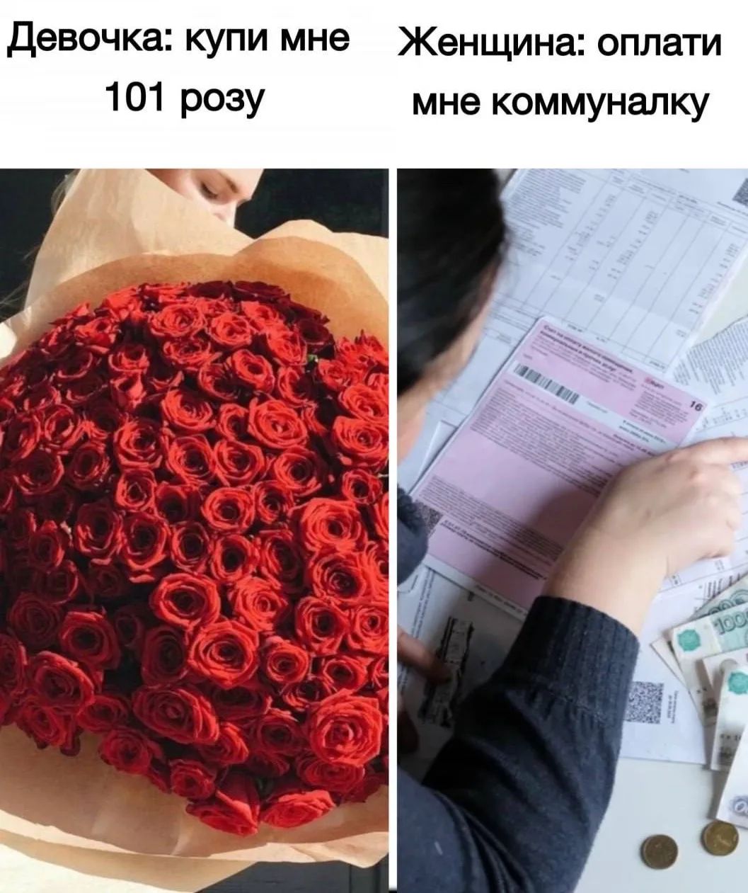 Девочка: купи мне 101 розу
Женщина: оплати мне коммуналку