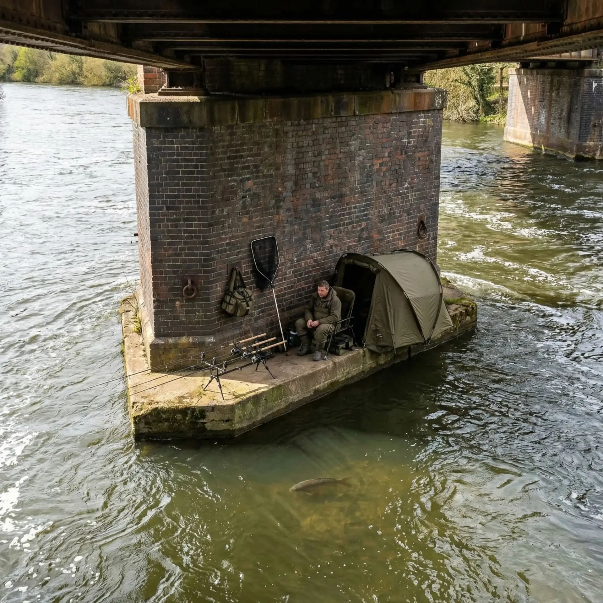 Рыбак со снаряжением и палаткой на плавучей платформе под мостом над рекой.