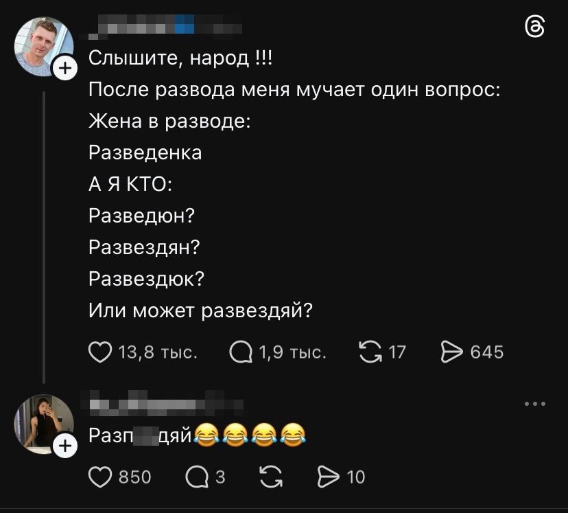 Слышите, народ !!! После развода меня мучает один вопрос: Жена в разводе: Разведенка А Я КТО: Разведен? Разведенка? Разведзюк? Или может развездай?