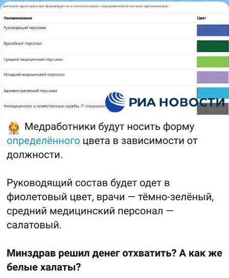 Медработники будут носить форму определённого цвета в зависимости от должности. Руководящий состав будет одет в фиолетовый цвет, врачи — тёмно-зелёный, средний медицинский персонал — салатовый. Минздрав решил денег отхватить? А как же белые халаты?
