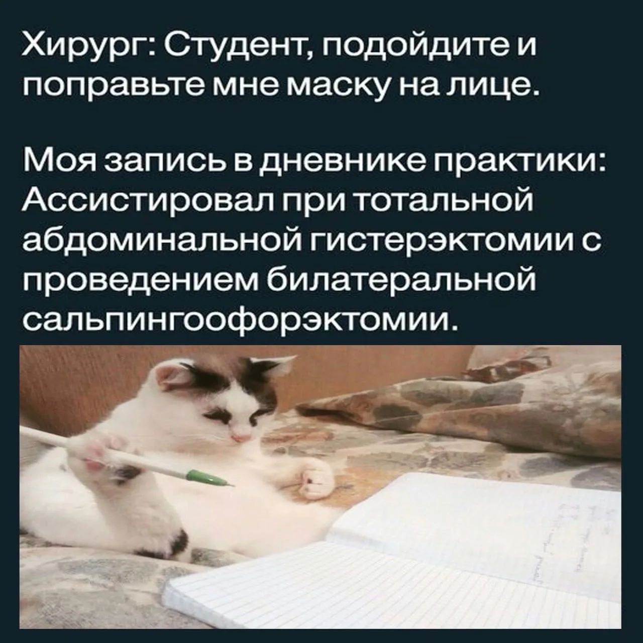 Хирург: Студент, подойдите и поправьте мне маску на лице. Моя запись в дневнике практики: Ассистировал при тотальной абдоминальной гистерэктомии с проведением билиатеральной салпингоофорктомии.