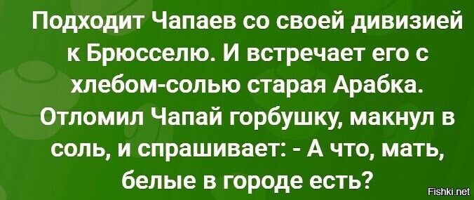 Подходит Чапаев со своей дивизией к Брюсселю. И встречает его с хлебом-солью старая Арабка. Отломил Чапай горбушку, макнул в соль, и спрашивает: - А что, мать, белые в городе есть?