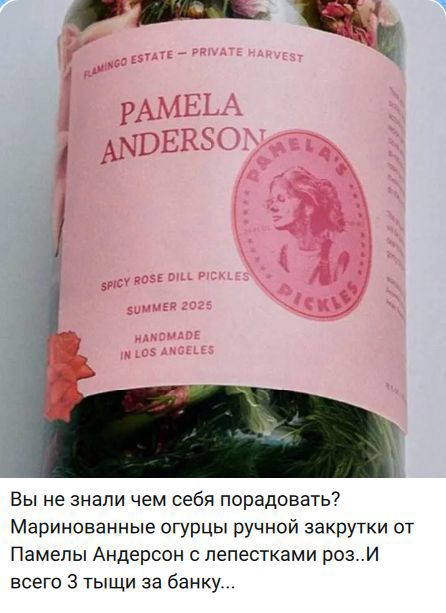 PAMELA ANDERSON. SPICY ROSE DILL PICKLES. SUMMER 2025. HANDMADE IN LOS ANGELES. FLAMINGO ESTATE – PRIVATE HARVEST. PAMELAS PICKLES. Вы не знали чем себя порадовать? Маринованные огурцы ручной закрутки от Памелы Андерсон с лепестками роз..И всего 3 тиши за банку...