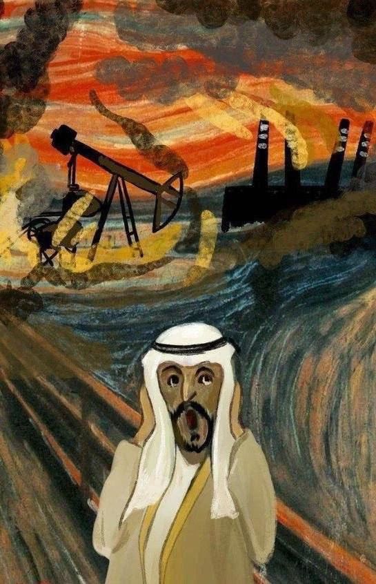 Экспрессионистская картина: человек в арабском платке на фоне нефтеперерабатывающего завода и буровой вышки.