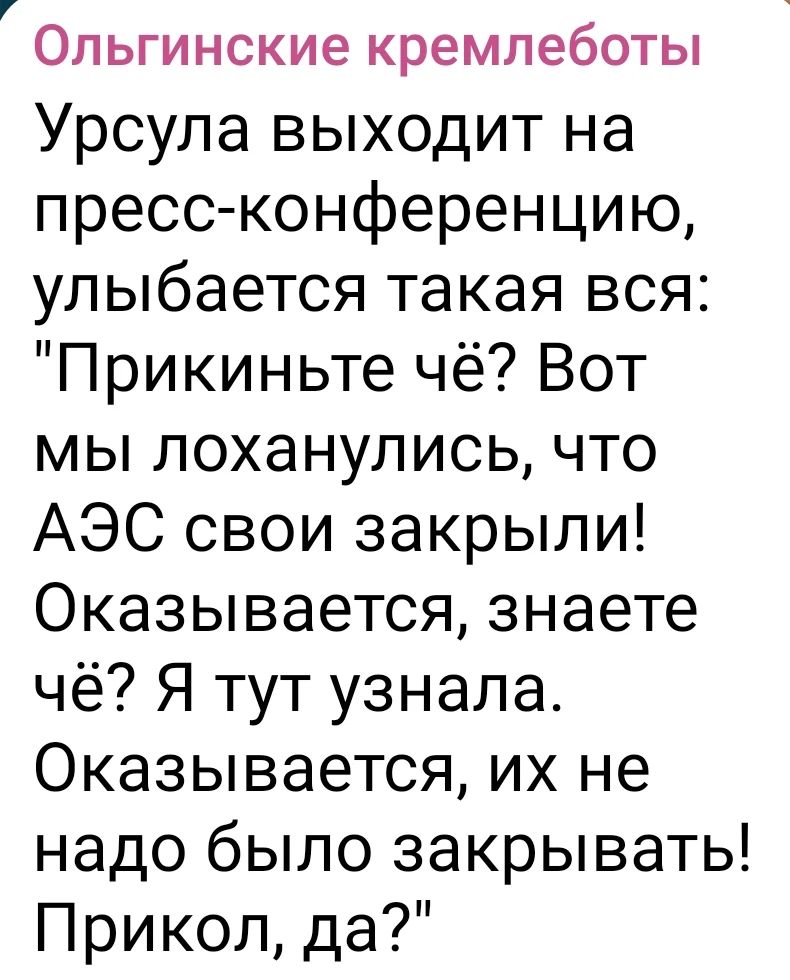 Ольгинские кремлеботы Урсула выходит на пресс-конференцию, улыбается такая вся: 
