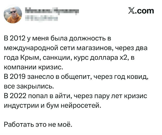 В 2012 у меня была должность в международной сети магазинов, через два года Крым, санкции, курс доллара x2, в компании кризис. В 2019 занесло в общепит, через год ковид, все закрылись. В 2022 попал в айти, через пару лет кризис индустрии и бум нейросетей. Работать это не моё.