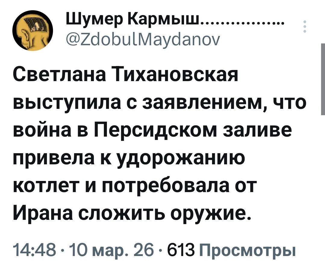 Светлана Тихановская выступила с заявлением, что война в Персидском заливе привела к удорожанию котлет и потребовала от Ирана сложить оружие.