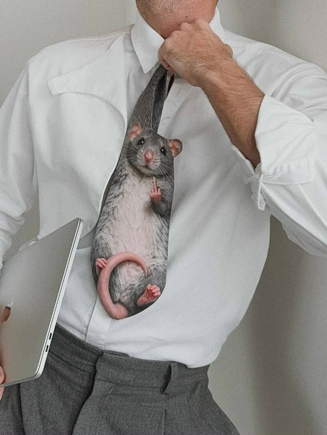 Деловой мужчина в белой рубашке держит на галстуке изображение серой мыши/крысы.